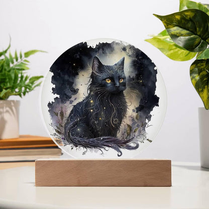 Black Cat Magic Spooky Halloween Printed Circle Acrylic Plaque with LED Lighted Wooden Base - Mallard Moon Gift Shop