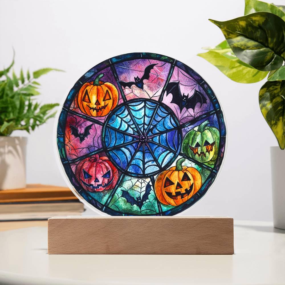 Spooky Halloween Decor Round Acrylic Plaque with Lighted LED Wooden Base - Mallard Moon Gift Shop