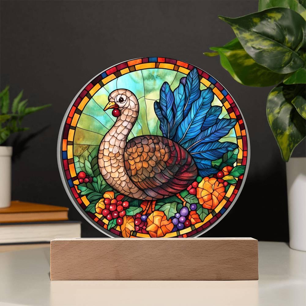 Turkey Stained-glass Round Acrylic Plaque - LED Lighted Wooden Base - Mallard Moon Gift Shop