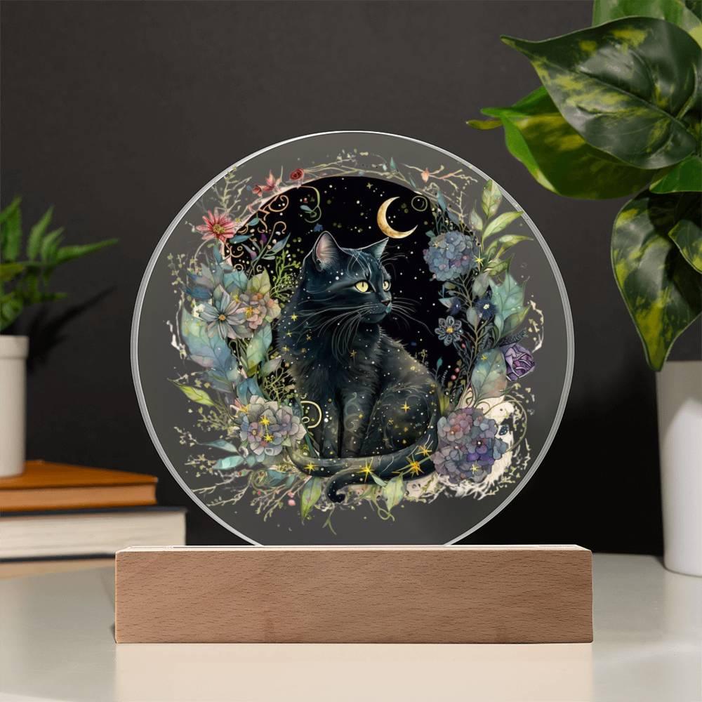 Black Cat Bewitchment: Halloween Printed Circle Acrylic Plaque with LED Lighted Wooden Base - Mallard Moon Gift Shop
