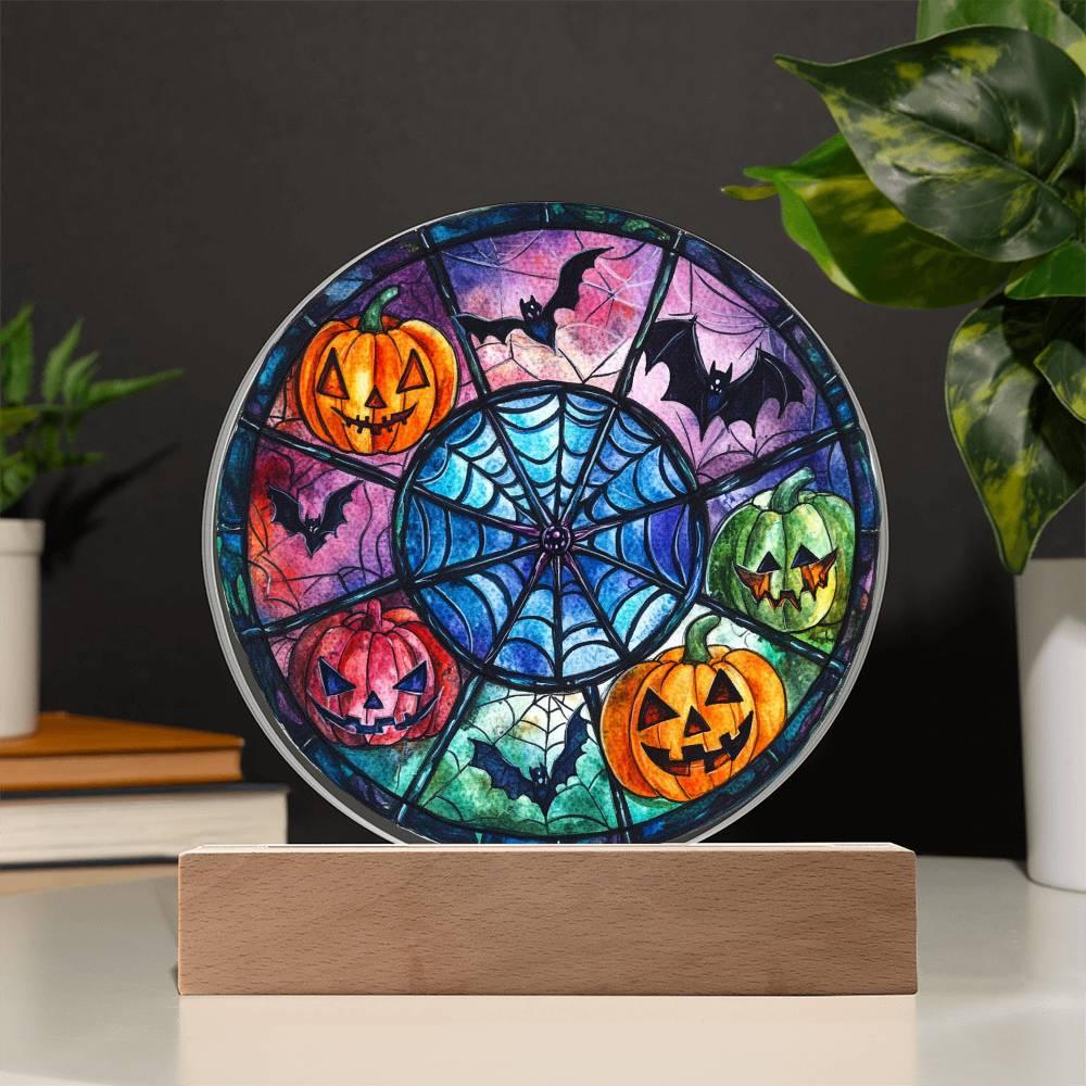 Spooky Halloween Decor Round Acrylic Plaque with Lighted LED Wooden Base - Mallard Moon Gift Shop