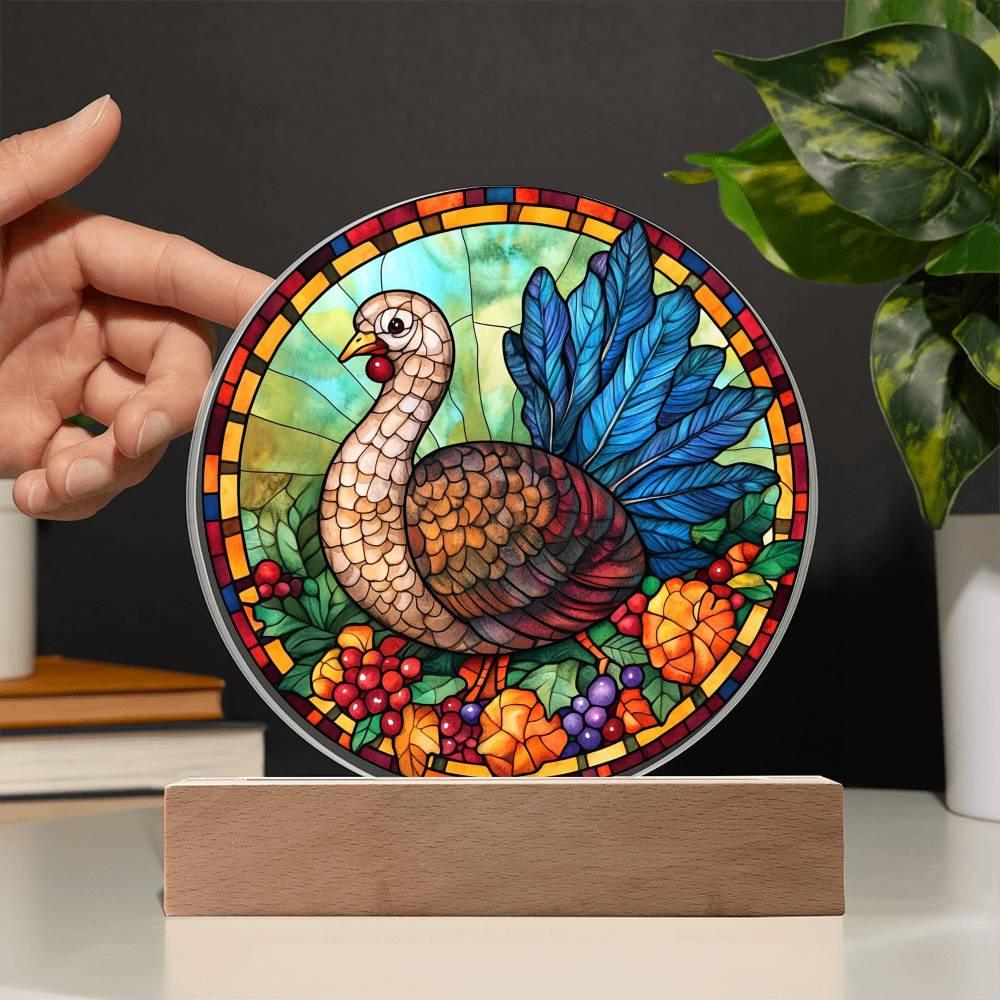 Turkey Stained-glass Round Acrylic Plaque - LED Lighted Wooden Base - Mallard Moon Gift Shop