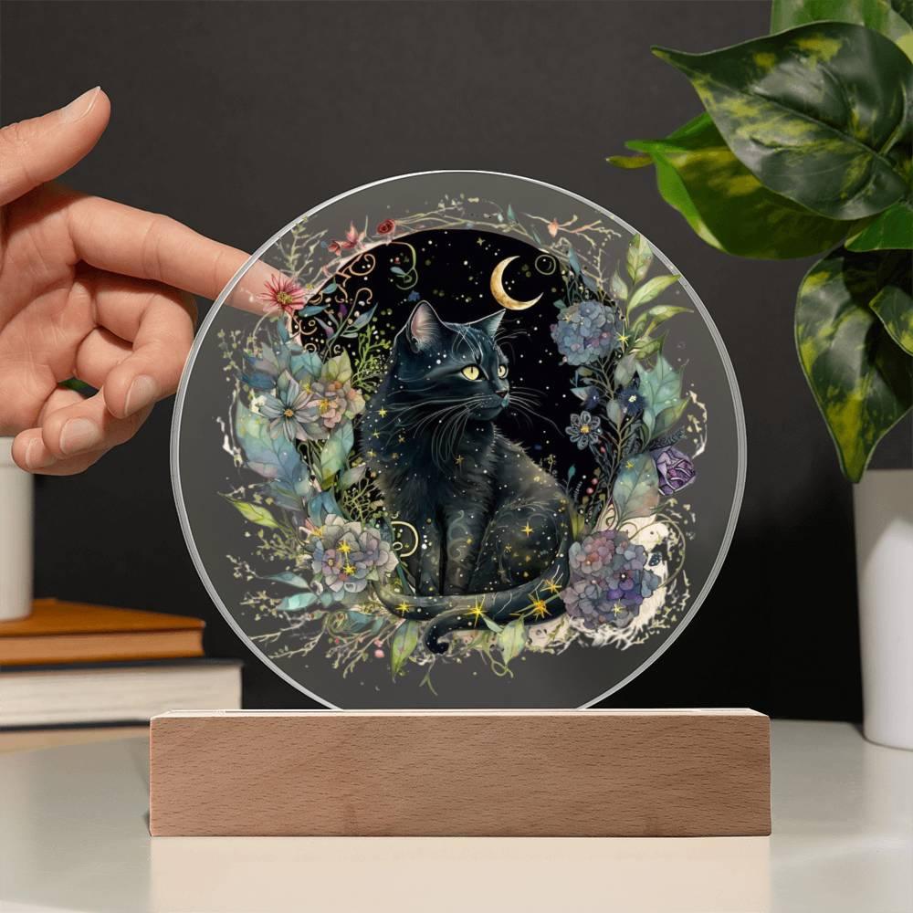 Black Cat Bewitchment: Halloween Printed Circle Acrylic Plaque with LED Lighted Wooden Base - Mallard Moon Gift Shop