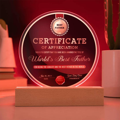 Certificate of Appreciation for the World's Best Father Acrylic Plaque Personalized Father's Day Gift - Mallard Moon Gift Shop