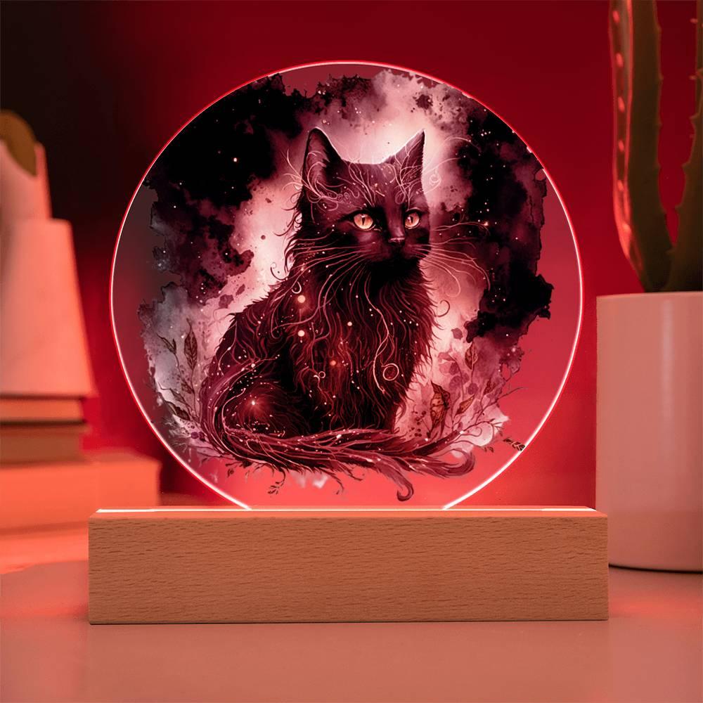 Black Cat Magic Spooky Halloween Printed Circle Acrylic Plaque with LED Lighted Wooden Base - Mallard Moon Gift Shop
