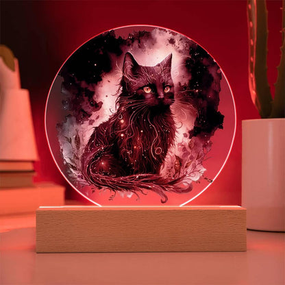Black Cat Magic Spooky Halloween Printed Circle Acrylic Plaque with LED Lighted Wooden Base - Mallard Moon Gift Shop