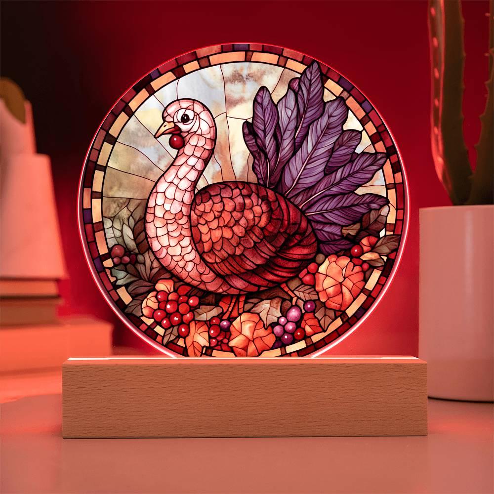 Turkey Stained-glass Round Acrylic Plaque - LED Lighted Wooden Base - Mallard Moon Gift Shop
