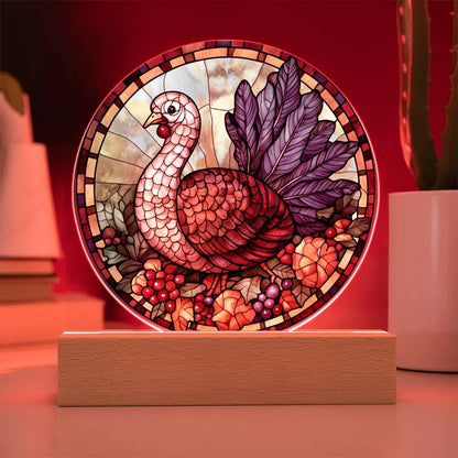 Turkey Stained-glass Round Acrylic Plaque - LED Lighted Wooden Base - Mallard Moon Gift Shop