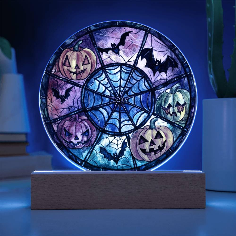 Spooky Halloween Decor Round Acrylic Plaque with Lighted LED Wooden Base - Mallard Moon Gift Shop