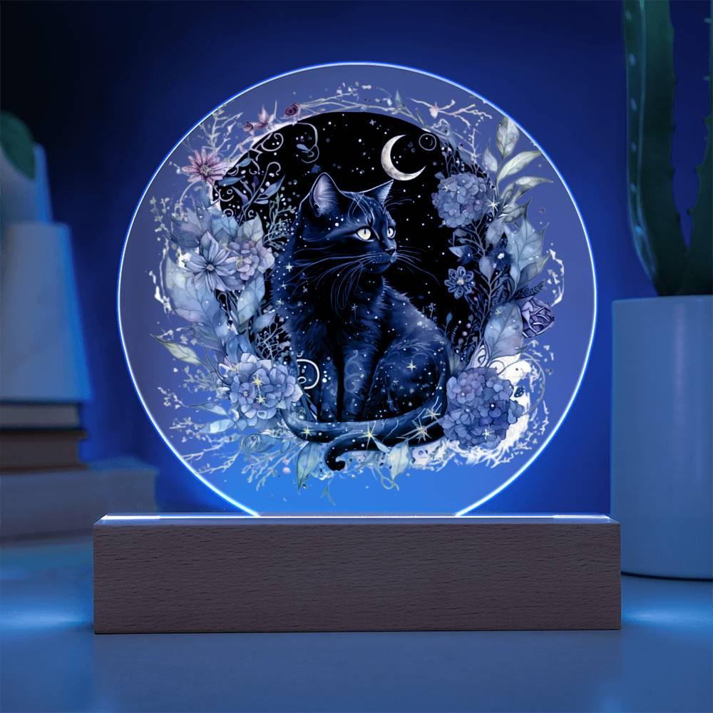 Black Cat Bewitchment: Halloween Printed Circle Acrylic Plaque with LED Lighted Wooden Base - Mallard Moon Gift Shop