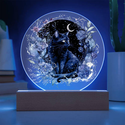 Black Cat Bewitchment: Halloween Printed Circle Acrylic Plaque with LED Lighted Wooden Base - Mallard Moon Gift Shop