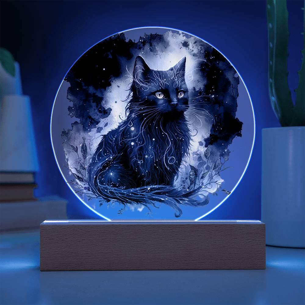Black Cat Magic Spooky Halloween Printed Circle Acrylic Plaque with LED Lighted Wooden Base - Mallard Moon Gift Shop