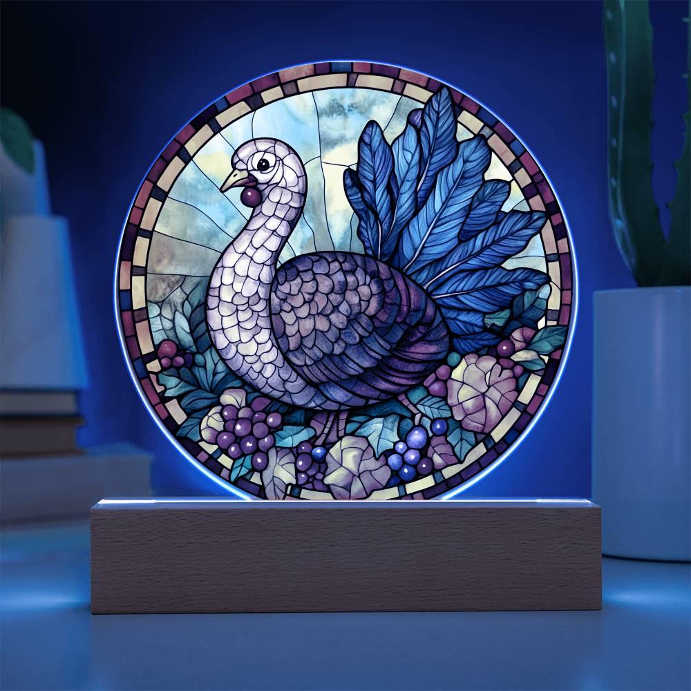 Turkey Stained-glass Round Acrylic Plaque - LED Lighted Wooden Base - Mallard Moon Gift Shop