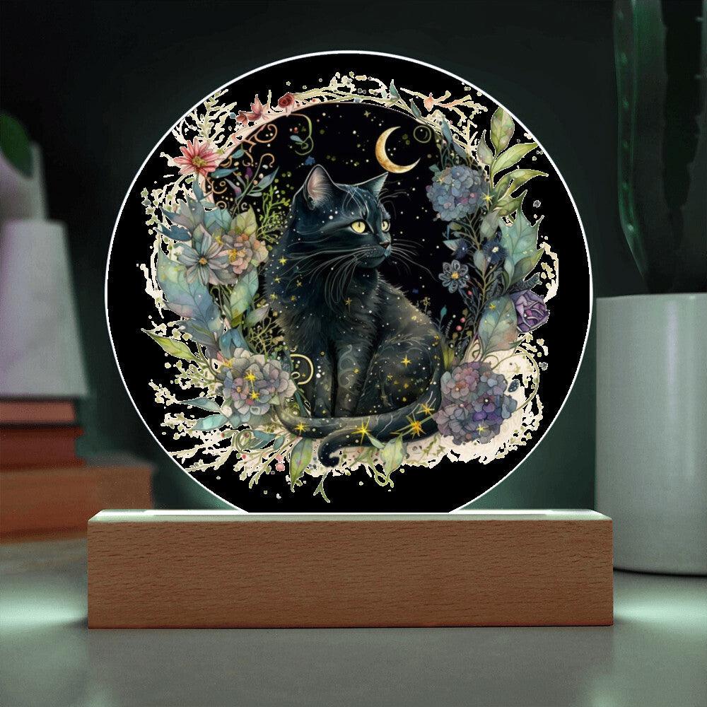 Black Cat Bewitchment: Halloween Printed Circle Acrylic Plaque with LED Lighted Wooden Base - Mallard Moon Gift Shop