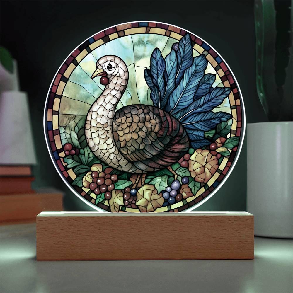 Turkey Stained-glass Round Acrylic Plaque - LED Lighted Wooden Base - Mallard Moon Gift Shop