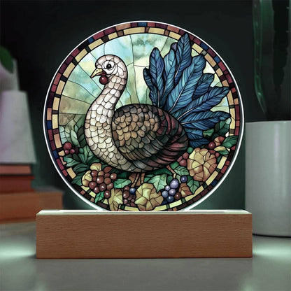 Turkey Stained-glass Round Acrylic Plaque - LED Lighted Wooden Base - Mallard Moon Gift Shop
