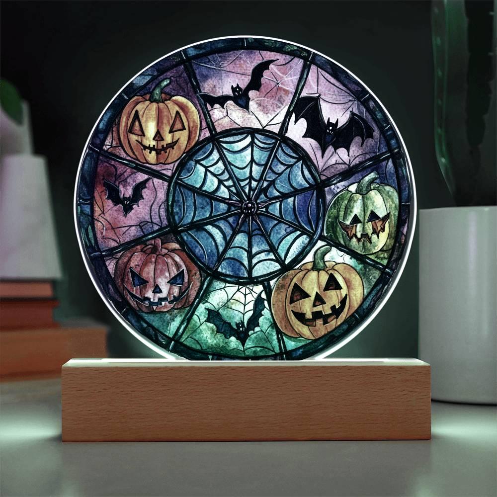 Spooky Halloween Decor Round Acrylic Plaque with Lighted LED Wooden Base - Mallard Moon Gift Shop