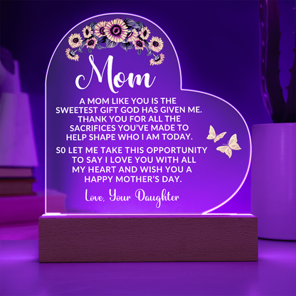To My Mom – Heart-Shaped Sunflower Acrylic Plaque from Daughter | A Sweet Gift from God - Mallard Moon Gift Shop