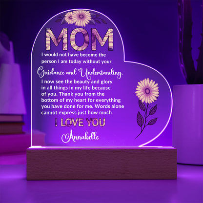 To My Mom – Heart-Shaped Sunflower Acrylic Plaque with Message of Gratitude from Daughter | A Beautiful Tribute to Your Guidance and Understanding - Mallard Moon Gift Shop