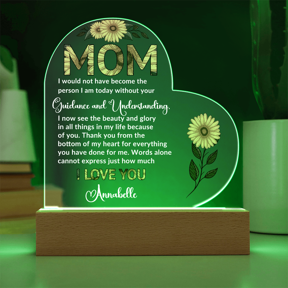 To My Mom – Heart-Shaped Sunflower Acrylic Plaque with Message of Gratitude from Daughter | A Beautiful Tribute to Your Guidance and Understanding - Mallard Moon Gift Shop