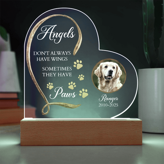 Personalized Pet Memorial Heart-Shaped Acrylic Plaque – “Angels Don't Always Have Wings” – Custom Photo, Name & Dates – Dog or Cat Loss Remembrance Gift with LED Light Base - Mallard Moon Gift Shop
