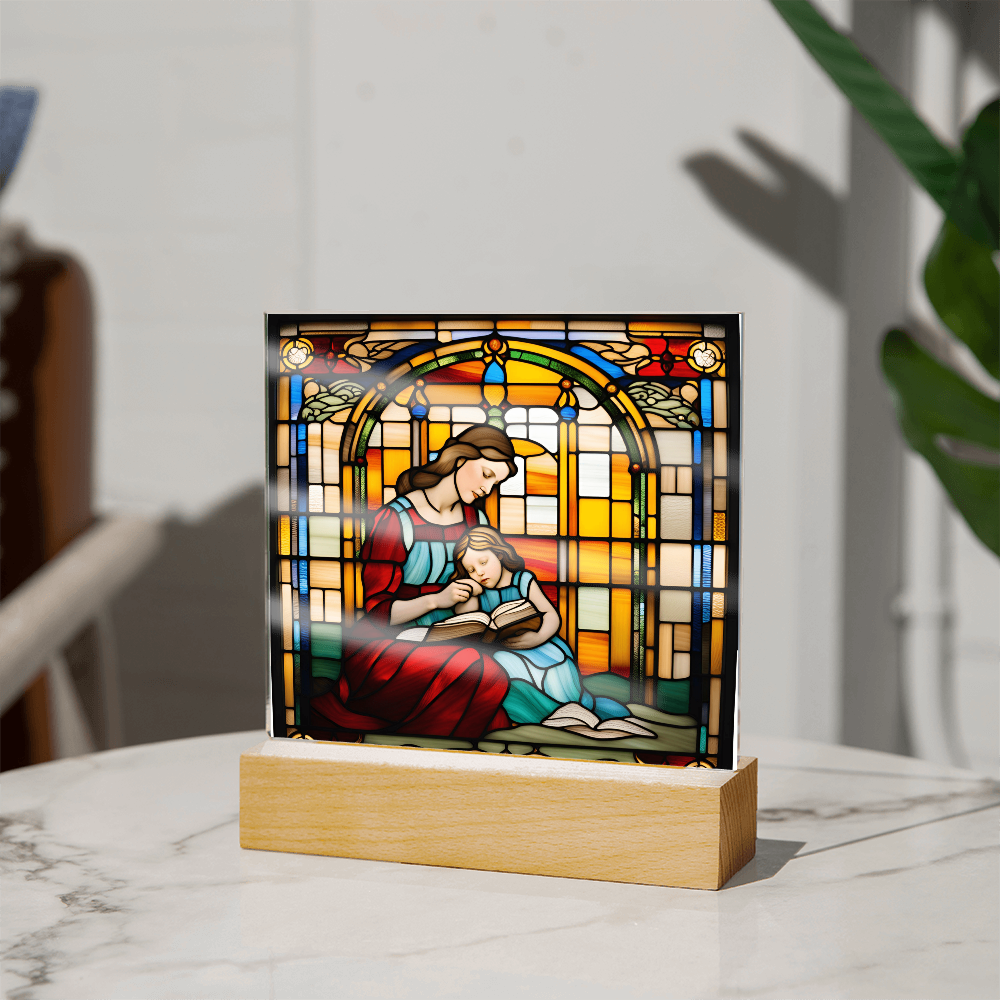 Mother and Child Reading Together Stained-Glass Style LED Acrylic Plaque – A Heartfelt Gift for Moms and Book-Loving Families - Mallard Moon Gift Shop