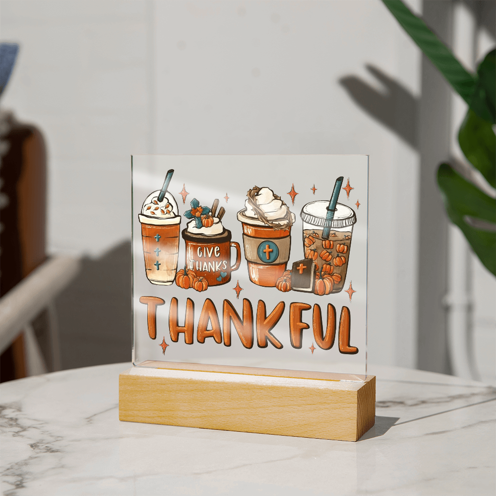 Thankful Coffee Acrylic Plaque – Cozy Fall Décor Gift for Coffee Lovers | “Give Thanks” Autumn LED Light Display
