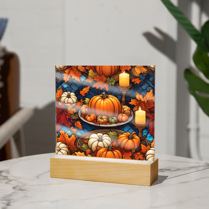 Stained Glass Pumpkin & Candle Acrylic Plaque – Thanksgiving Harvest Centerpiece | Fall Home Décor with LED Light Base