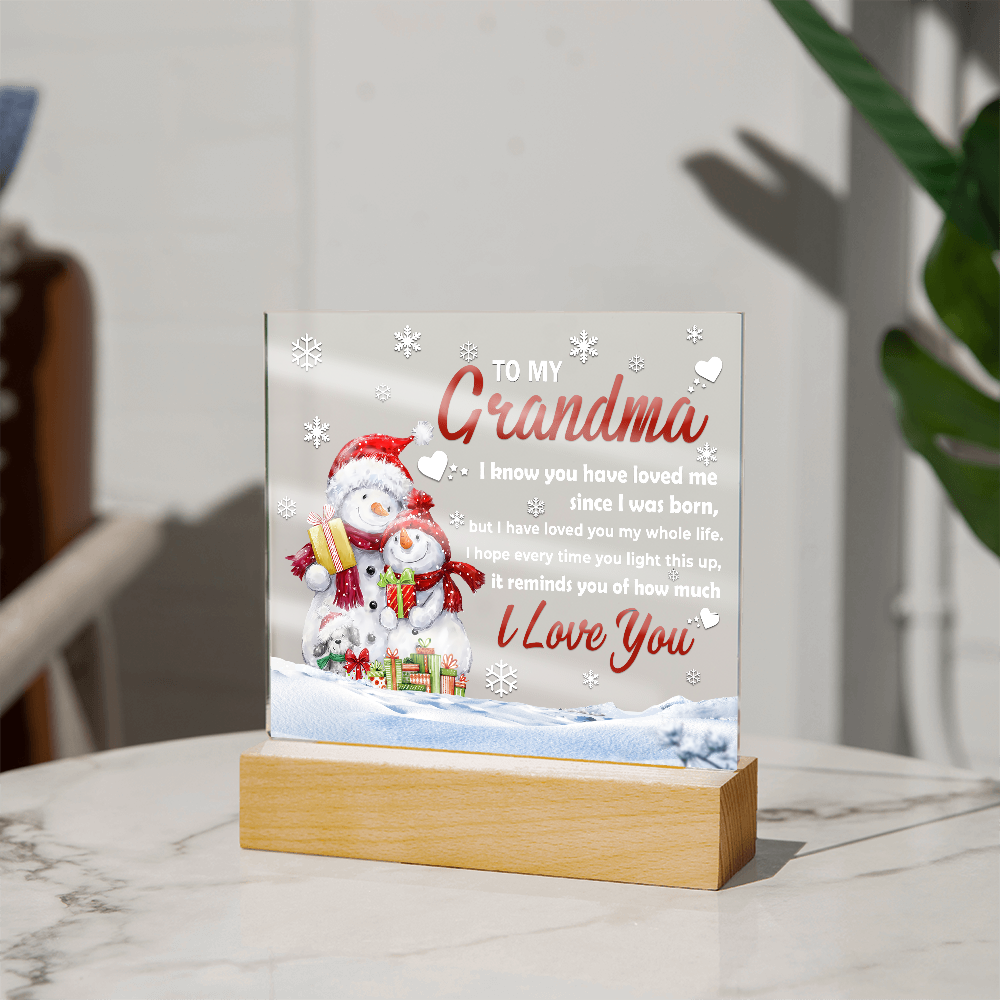 To My Grandma Acrylic Plaque – Snowman Family LED Light Gift | Heartfelt “I Love You” Christmas Keepsake for Grandmother