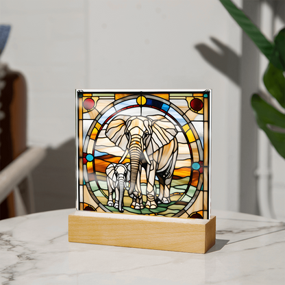 Elephant Mother and Baby Calf - Stained Glass Style LED Acrylic Plaque – A Symbol of Strength, Love, and Family - Mallard Moon Gift Shop