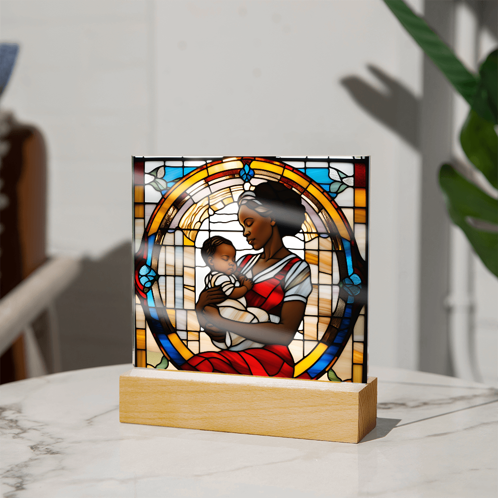Black Mother and Baby Stained Glass Style LED Acrylic Plaque – A Powerful Tribute for New Moms and Mother's Day - Mallard Moon Gift Shop