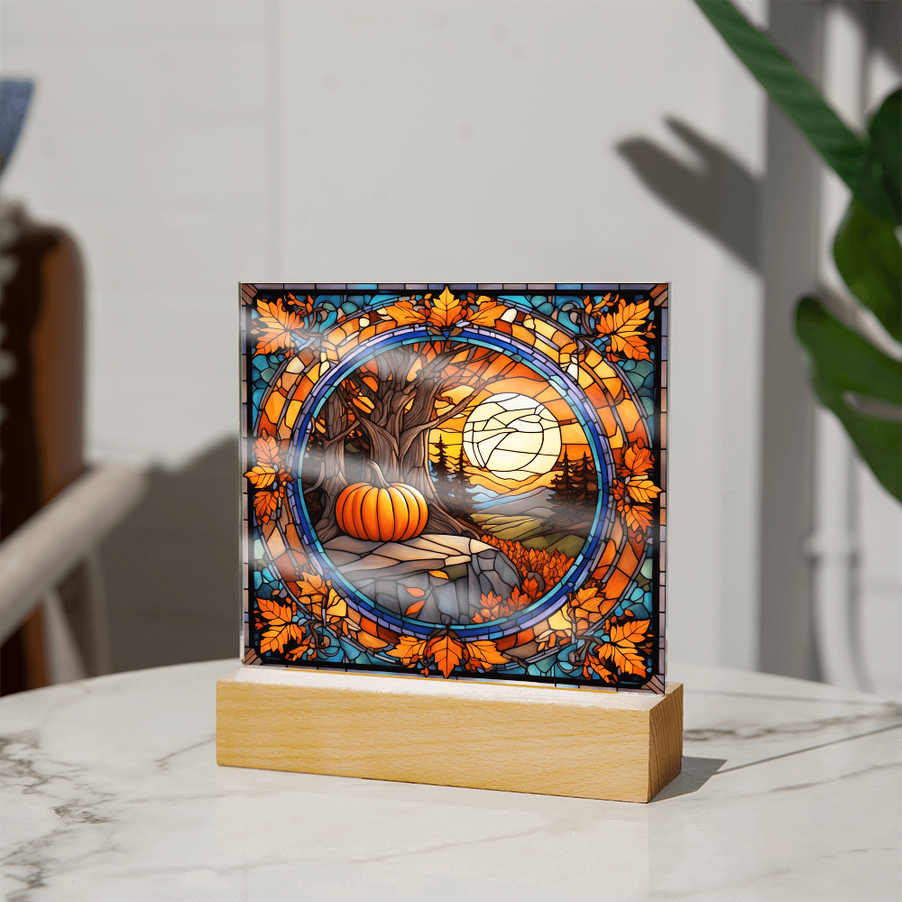 Stained Glass Autumn Pumpkin Sunset Acrylic Plaque – Fall Harvest Home Decor with LED Light Base | Thanksgiving Window Art Accent