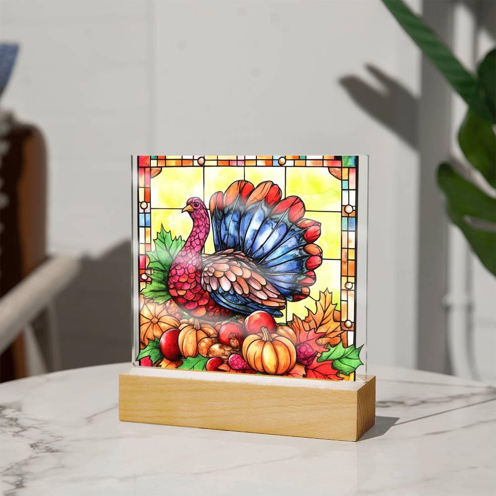 Thanksgiving Turkey Stained-glass Acrylic Square LED Lighted Wooden Base - Mallard Moon Gift Shop