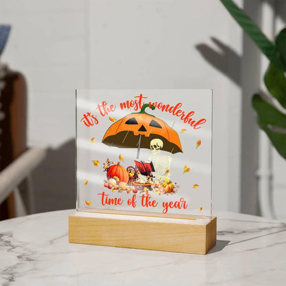 Halloween Decor - Most Wonderful Time of The Year Acrylic Square Plaque with LED Wooden Base - Mallard Moon Gift Shop
