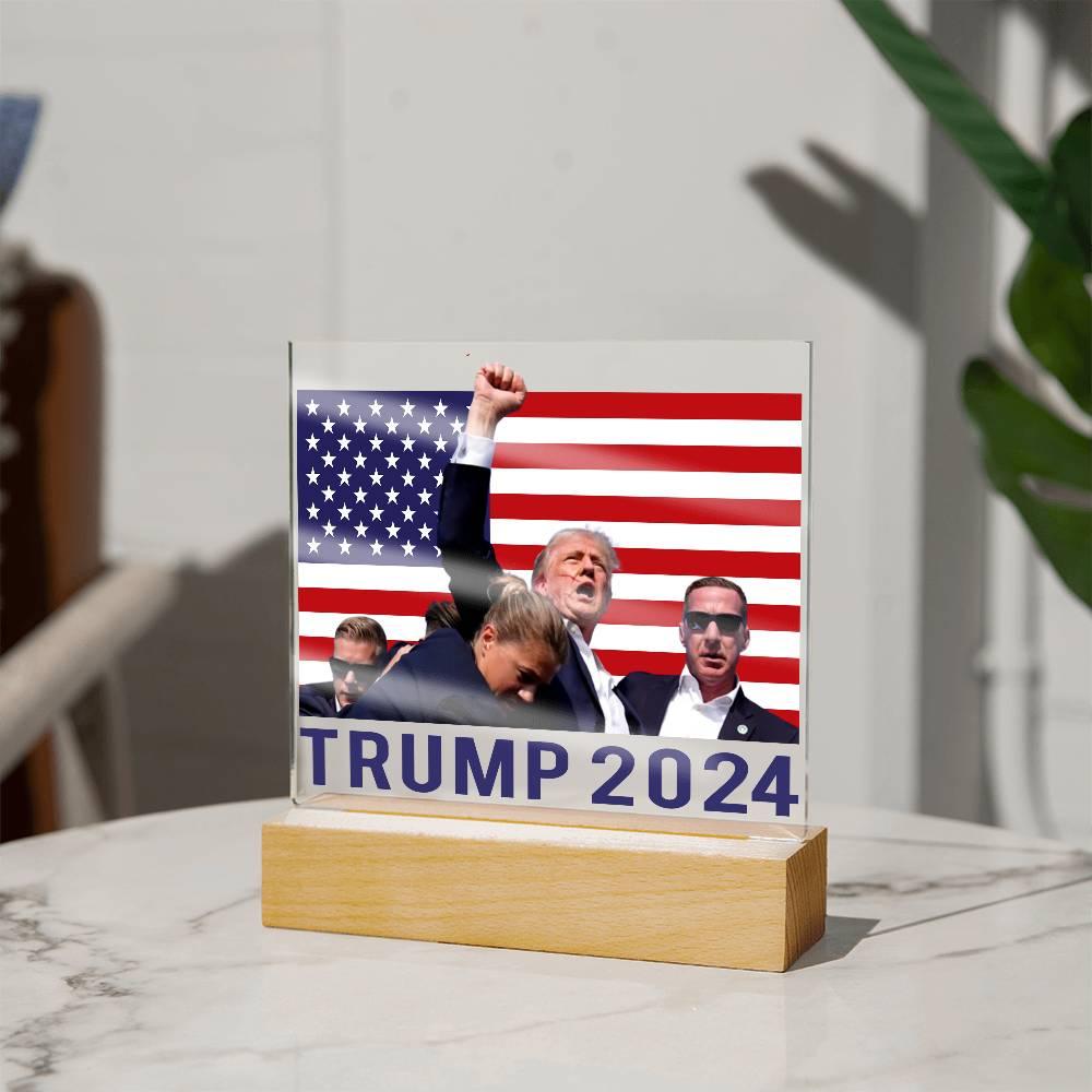 Trump 2024 Butler Rally Acrylic Plaque with LED Lighted Wooden Base - Mallard Moon Gift Shop