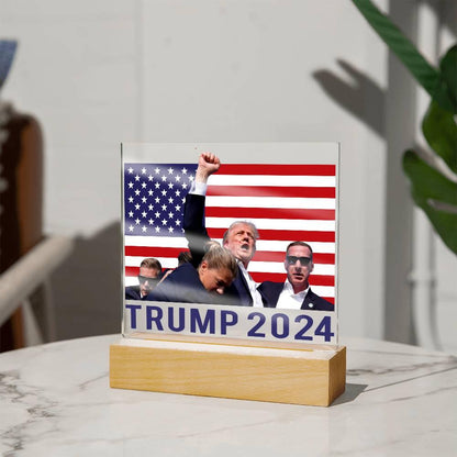 Trump 2024 Butler Rally Acrylic Plaque with LED Lighted Wooden Base - Mallard Moon Gift Shop