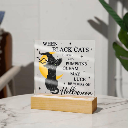 Halloween Decor - Black Cats and Pumpkins Gleam Acrylic Square Plaque with LED Wooden Base - Mallard Moon Gift Shop