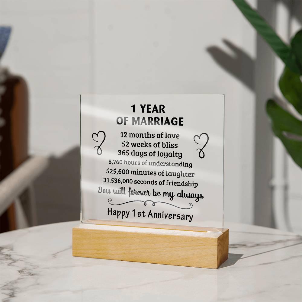 Anniversary Gift - One Year Of Marriage Acrylic Square Plaque with LED Wooden Base - Mallard Moon Gift Shop