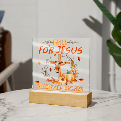 Fall for Jesus Acrylic Plaque – Christian Fall Décor with Cross and Pumpkins | Faith-Based LED Light Display Gift