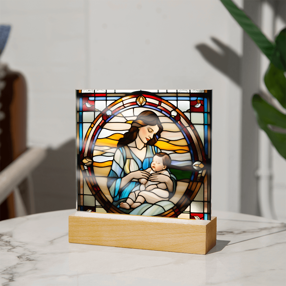 Brunette Mother and Baby - Stained Glass Style LED Acrylic Plaque – A Cherished Gift for Mother's Day or New Moms - Mallard Moon Gift Shop
