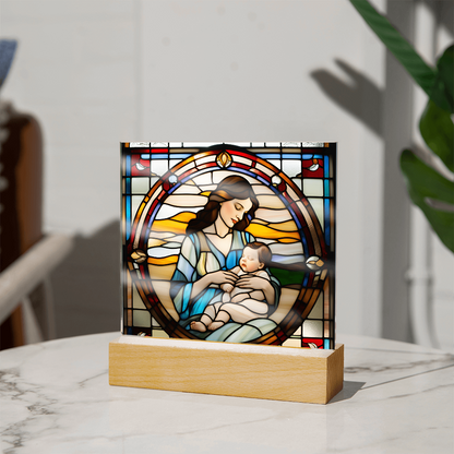 Brunette Mother and Baby - Stained Glass Style LED Acrylic Plaque – A Cherished Gift for Mother's Day or New Moms - Mallard Moon Gift Shop