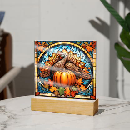 Thanksgiving Stained Glass Turkey Acrylic Plaque – Elegant Fall Home Decor with LED Light Base | Autumn Window Art Inspired Gift