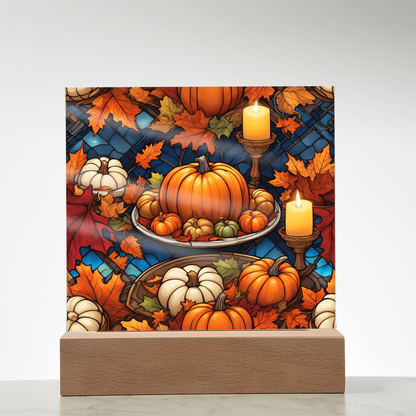 Stained Glass Pumpkin & Candle Acrylic Plaque – Thanksgiving Harvest Centerpiece | Fall Home Décor with LED Light Base