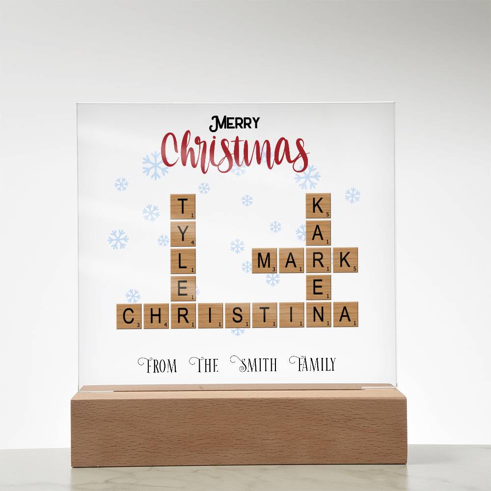 Personalized Crossword Puzzle Merry Christmas Acrylic Plaque with Lighted LED Wooden Base - Mallard Moon Gift Shop