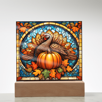 Thanksgiving Stained Glass Turkey Acrylic Plaque – Elegant Fall Home Decor with LED Light Base | Autumn Window Art Inspired Gift