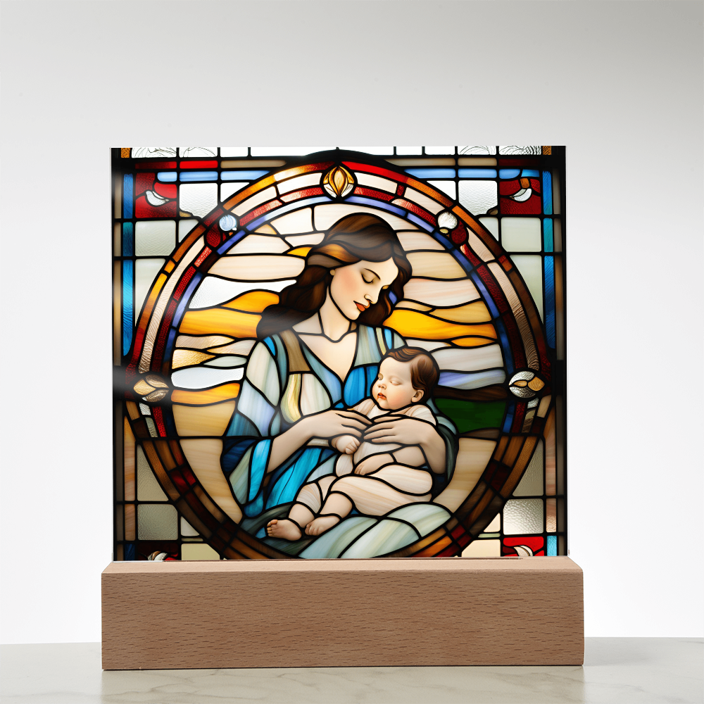 Brunette Mother and Baby - Stained Glass Style LED Acrylic Plaque – A Cherished Gift for Mother's Day or New Moms - Mallard Moon Gift Shop