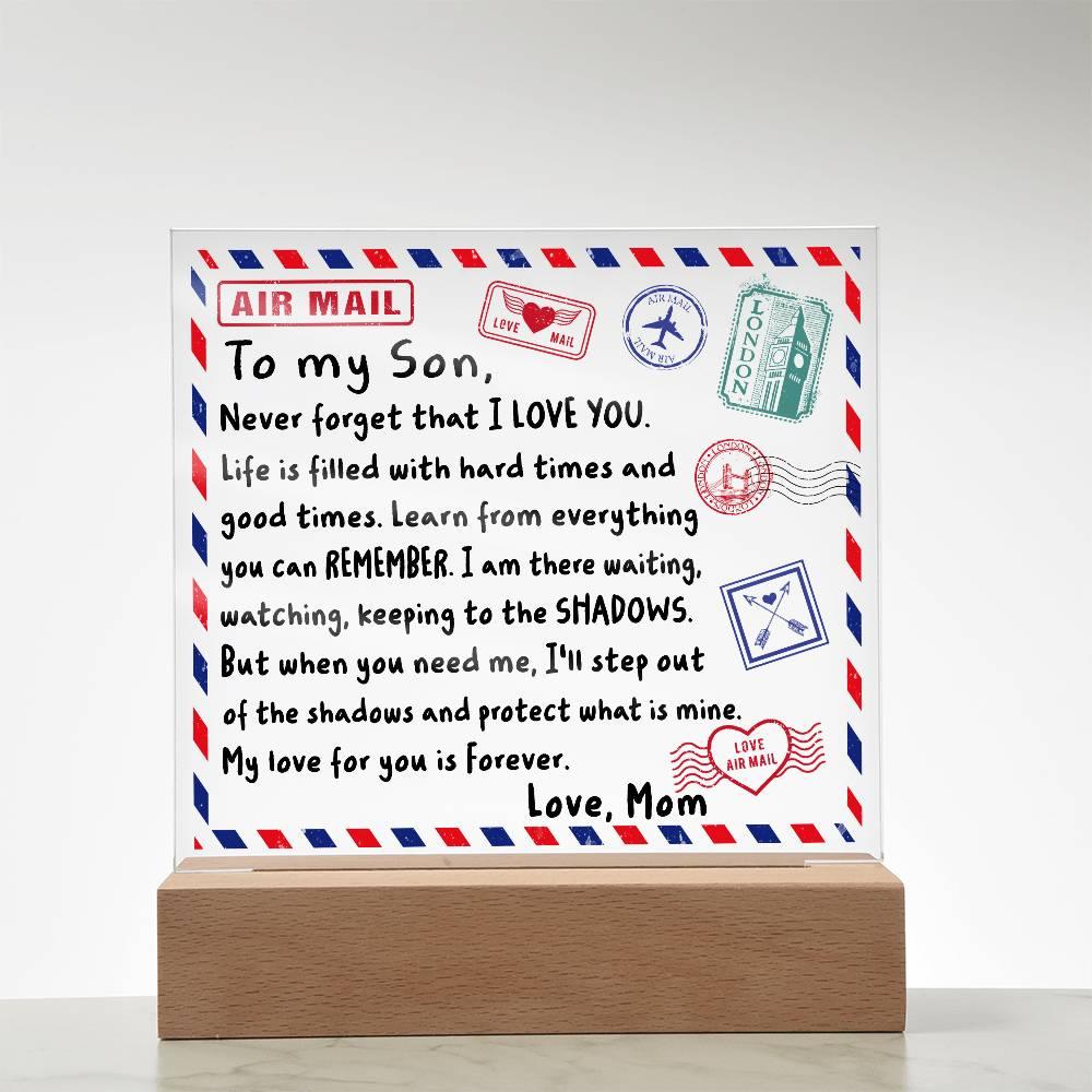 Letter To My Son, Love, Mom Acrylic Square Plaque with LED Wooden Base - Mallard Moon Gift Shop