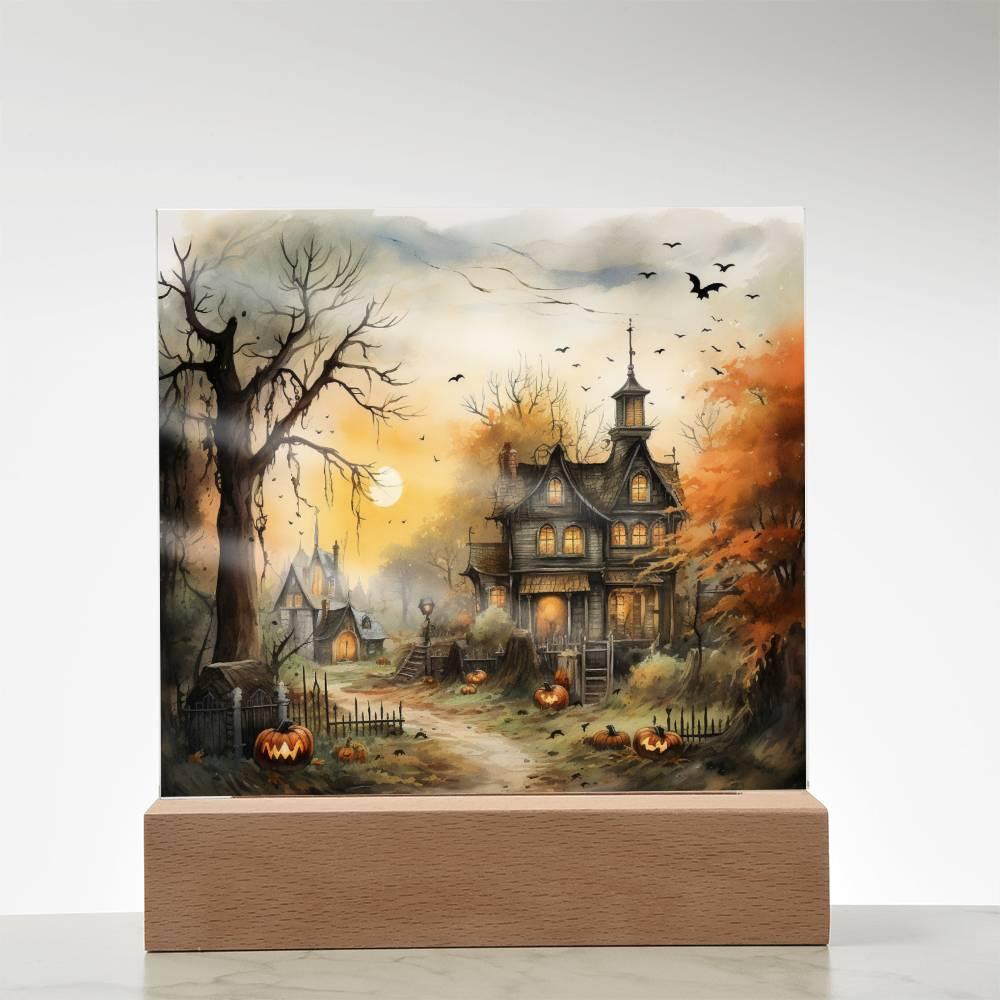 Spectral Spire: Spooky Halloween Mansion Acrylic Square Plaque with LED Lighted Wooden Base - Mallard Moon Gift Shop
