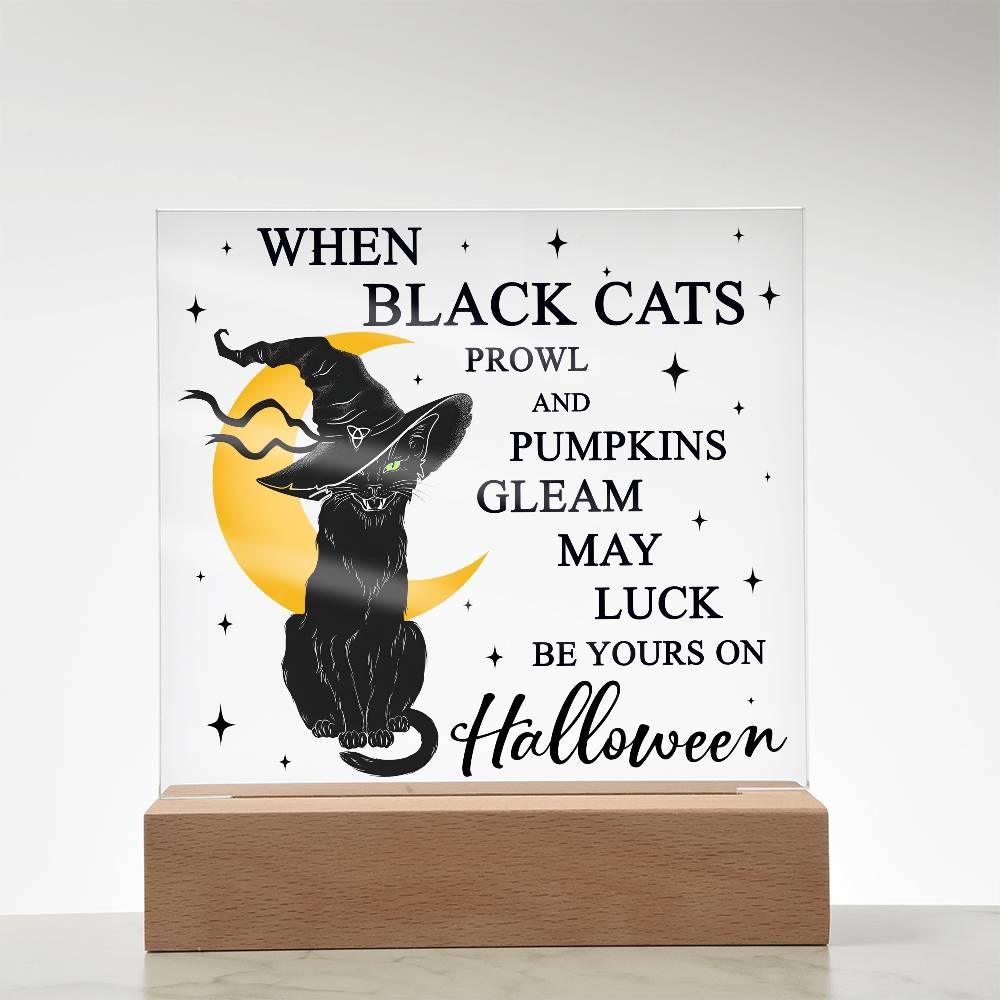 Halloween Decor - Black Cats and Pumpkins Gleam Acrylic Square Plaque with LED Wooden Base - Mallard Moon Gift Shop