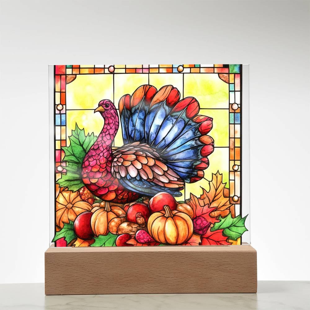 Thanksgiving Turkey Stained-glass Acrylic Square LED Lighted Wooden Base - Mallard Moon Gift Shop